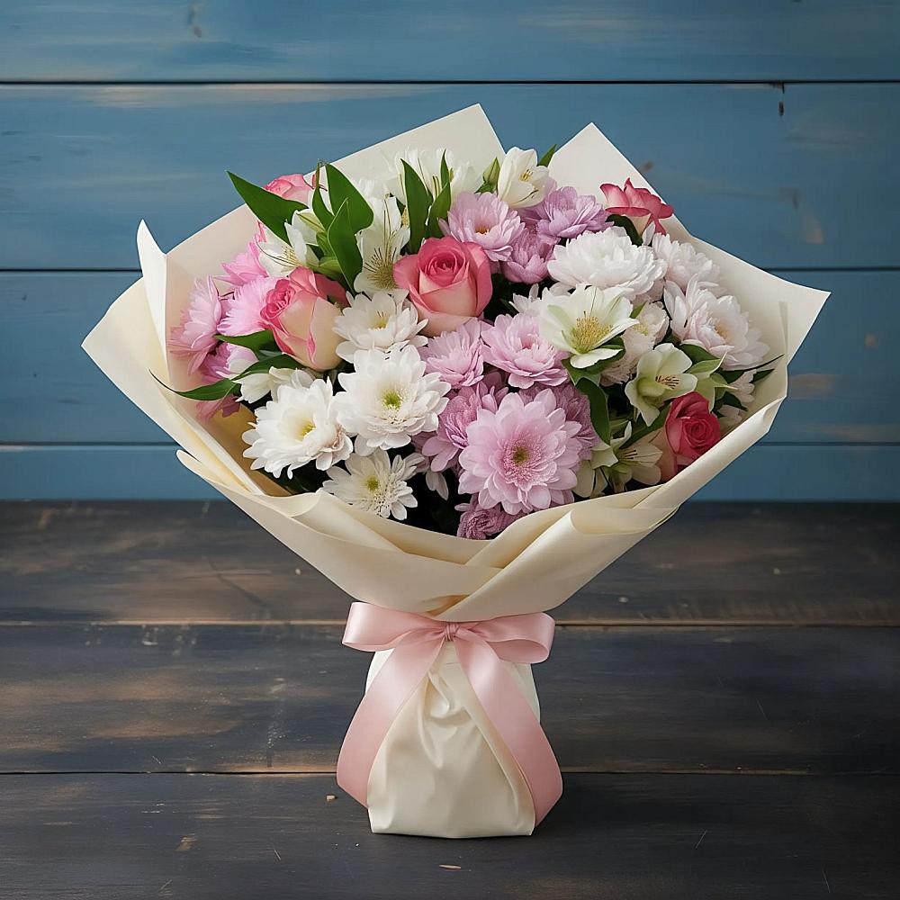 Букет цветов из: Хризантемы, Альстромерии и Розы в Себрово